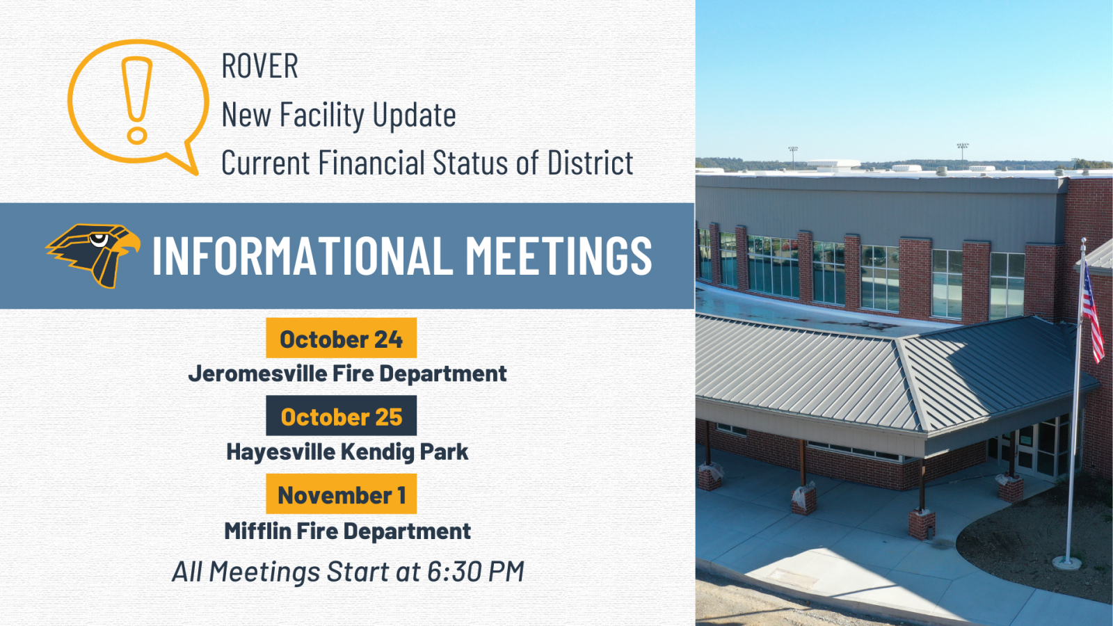 A graphic with three informational meeting dates and times.