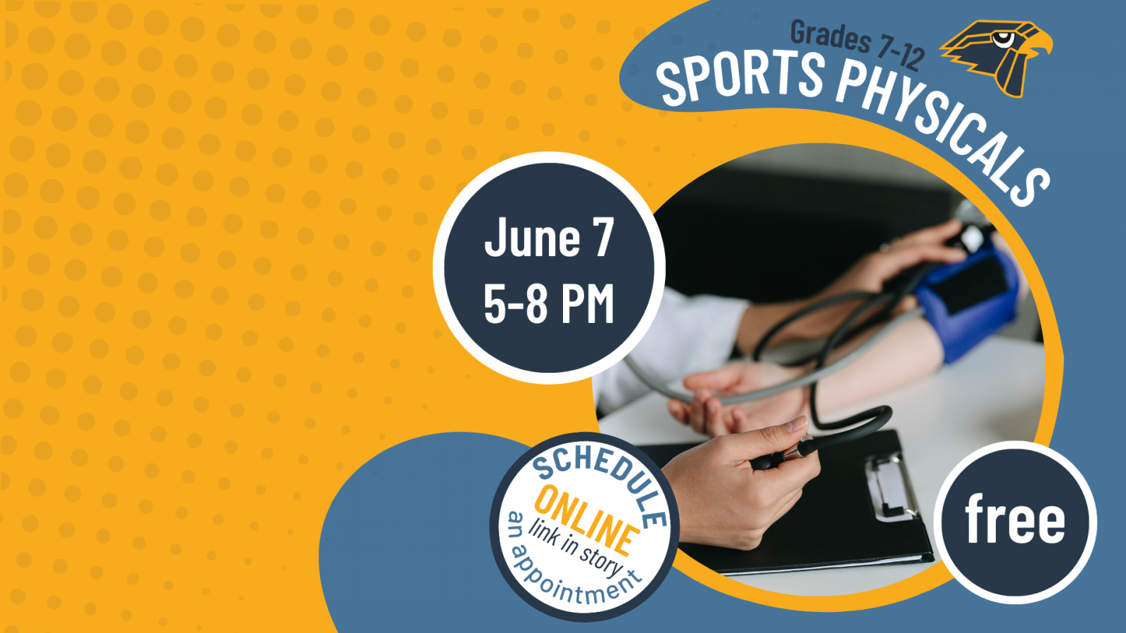 Free sports physicals on June 7 between 5 to 8 PM. Schedule an appointment online.