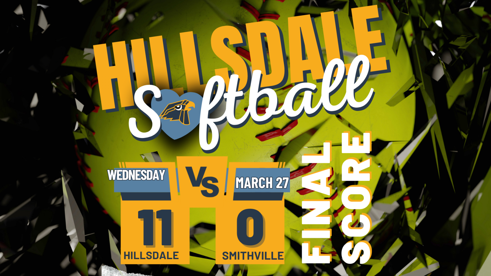 Softball Final Score Wednesday, March 27: Hillsdale, 11, vs. Smithville, 0.