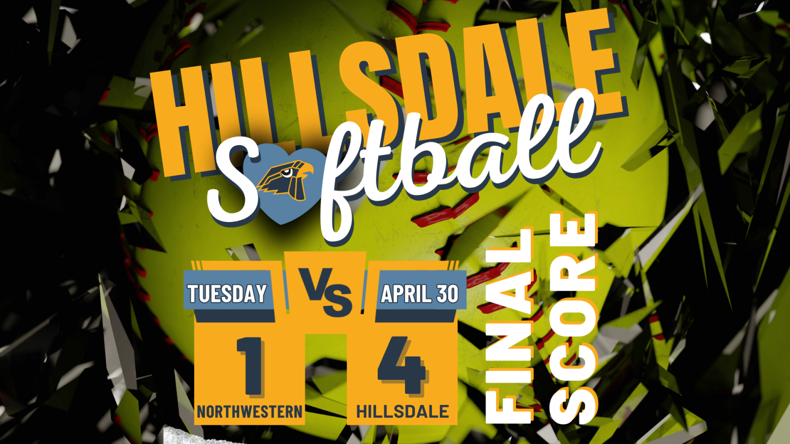 Softball Final Score from Tuesday, April 30, 2024: Hillsdale, 4, versus Northwestern, 1.
