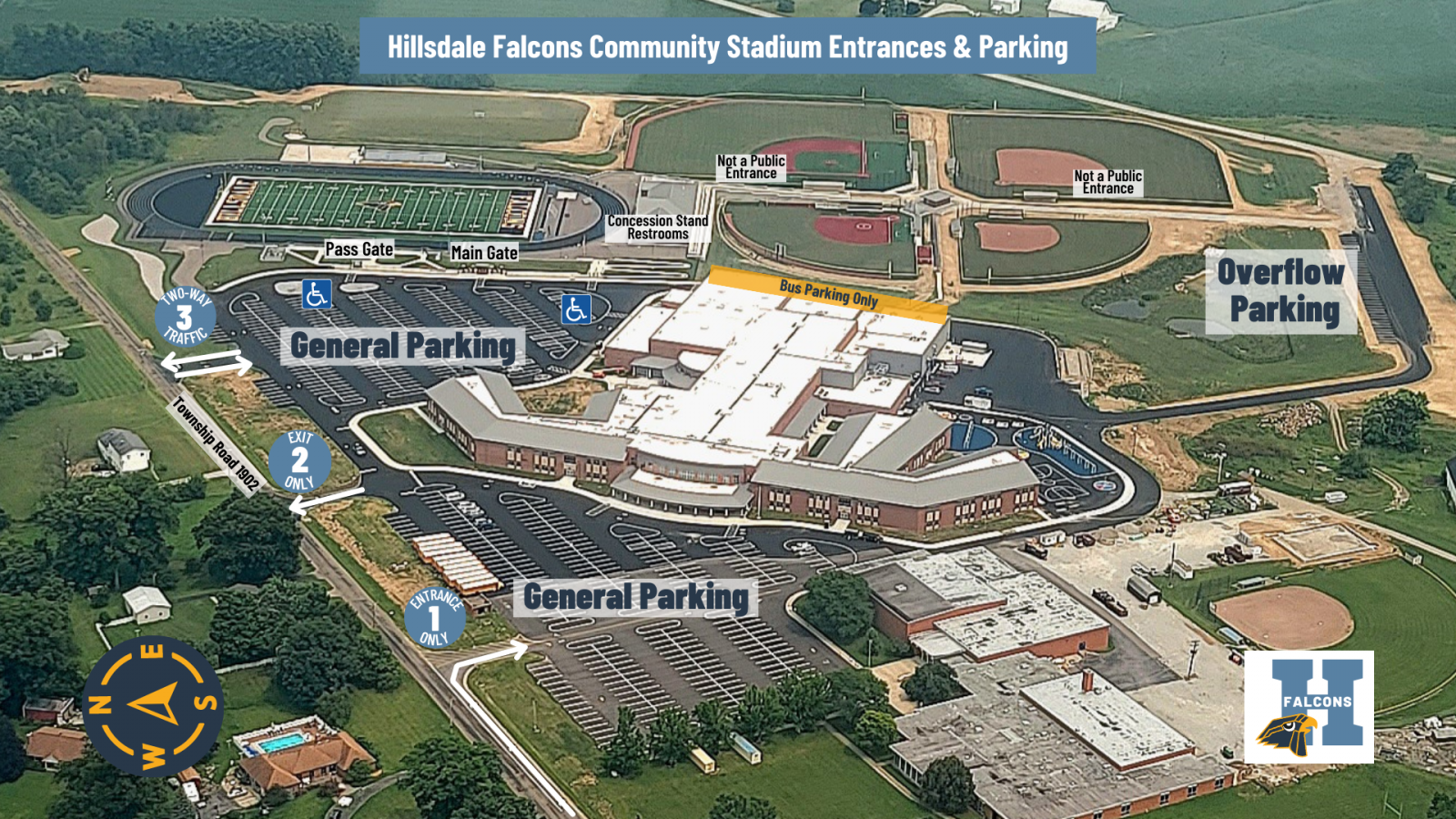 An image of the Hillsdale Local Schools campus with the parking spaces marked for handicapped parking, general parking, and bus parking. The entrances/exits are also marked.