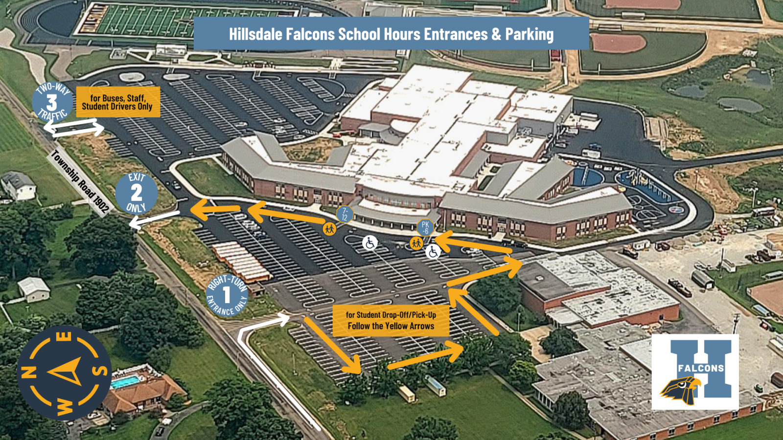 An image of the Hillsdale Local Schools campus, with markings for the traffic pattern.