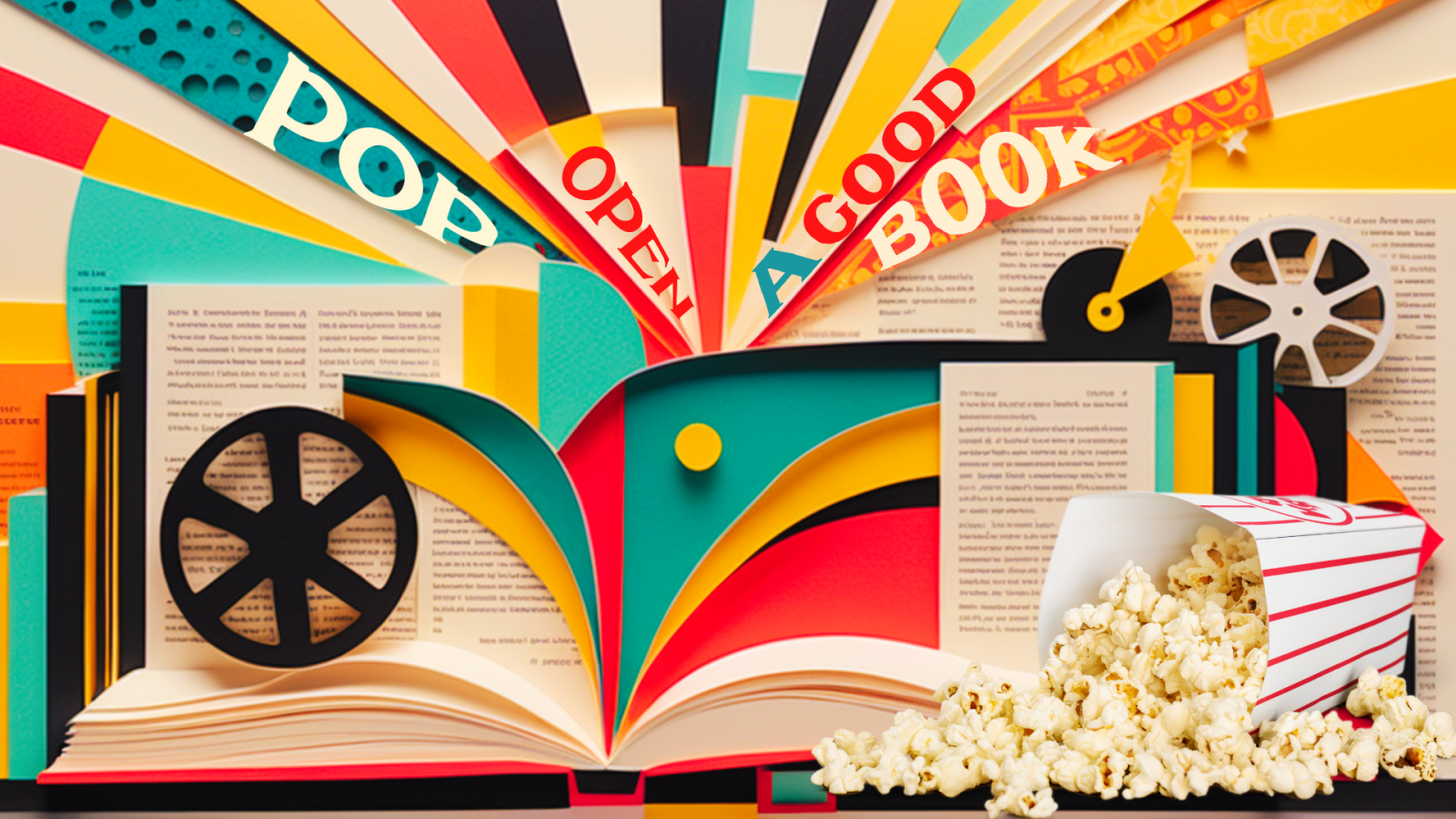 A bright graphic with a book, film reels, and popcorn with the text: "Pop Open a Good Book."