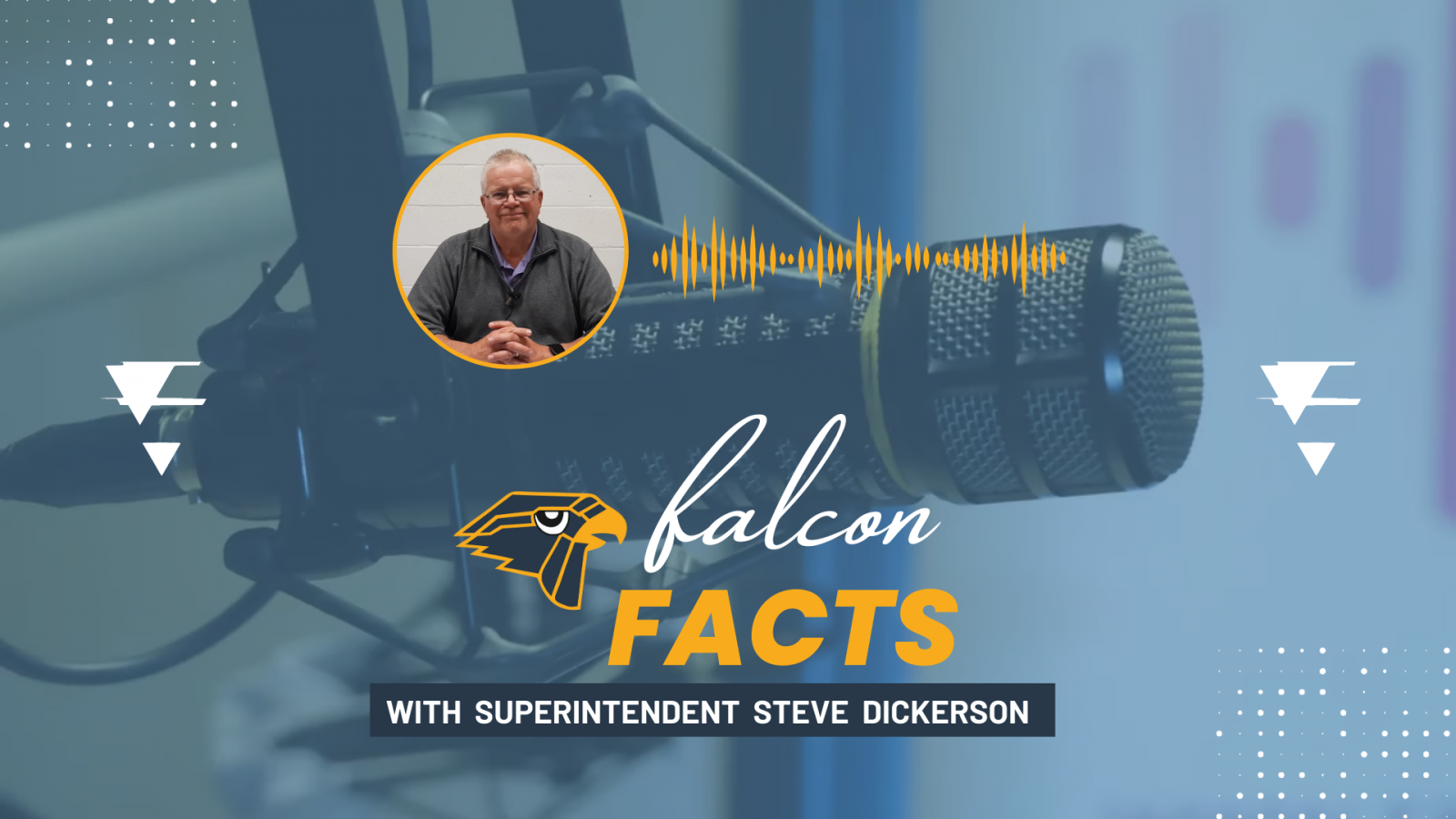 An image of the title card to the video on the page. Text: "Falcon Facts with Superintendent Steve Dickerson."