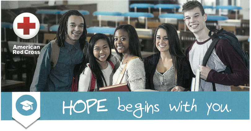 An image of high school students posing for a picture. The American Red Cross logo is superimposed on the picture. Underneath is the text: "Hope begins with you."