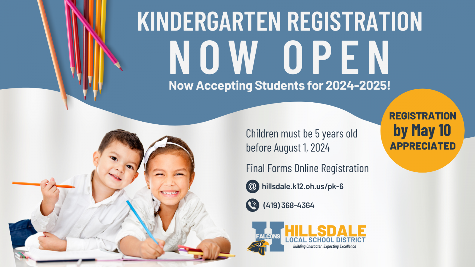 Kindergarten registration is open for the 2024-2025 school year for children who are 5 before August 1, 2024. Please register by May 10, 2024.