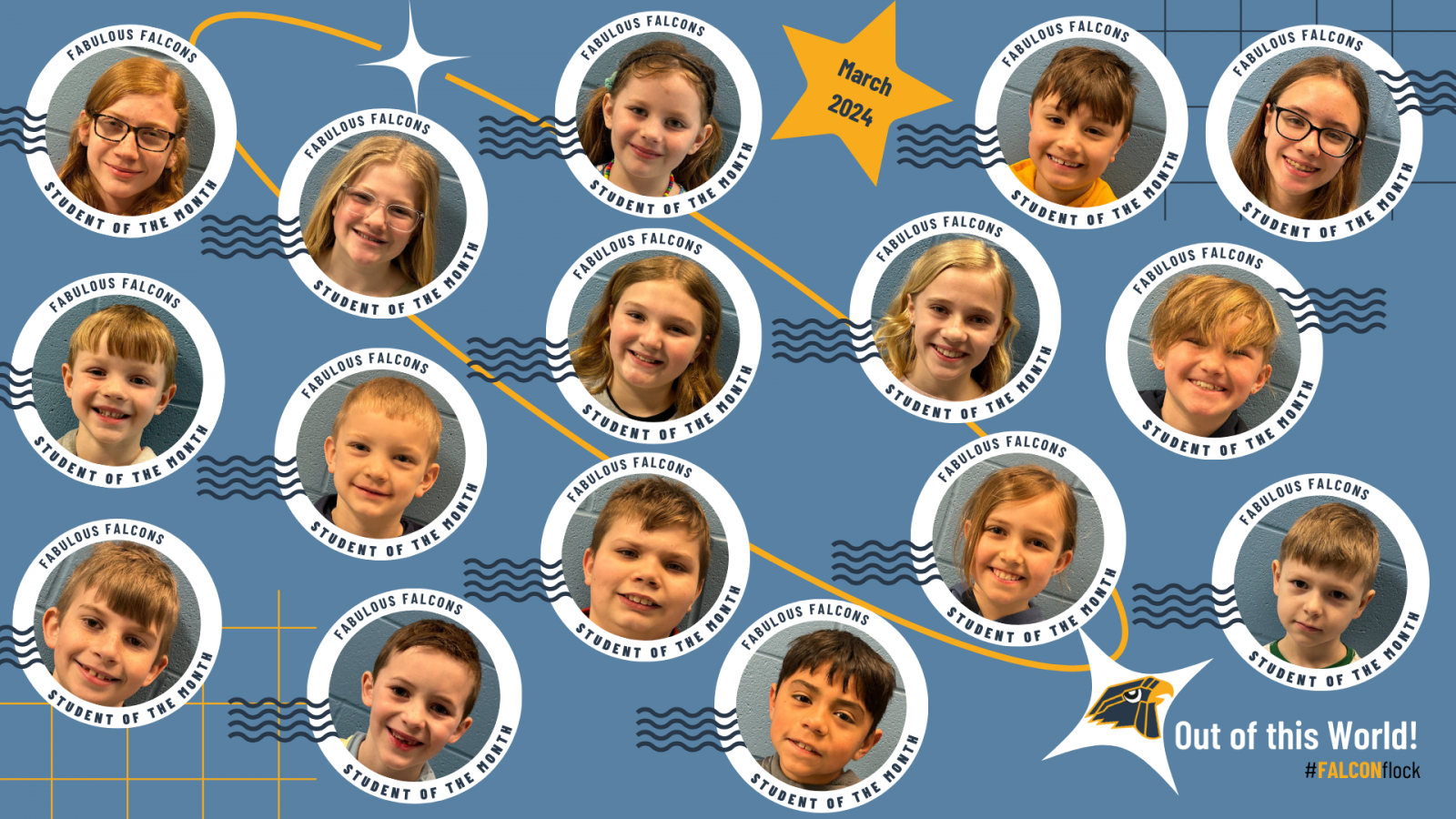 A collage image of the PK-6 March Fabulous Falcons/Students of the Month.