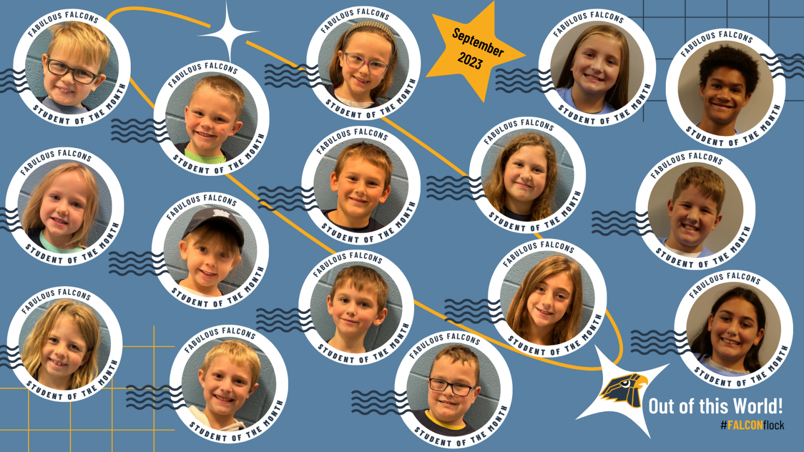 An image collage of the 16 students of the month for September 2023.