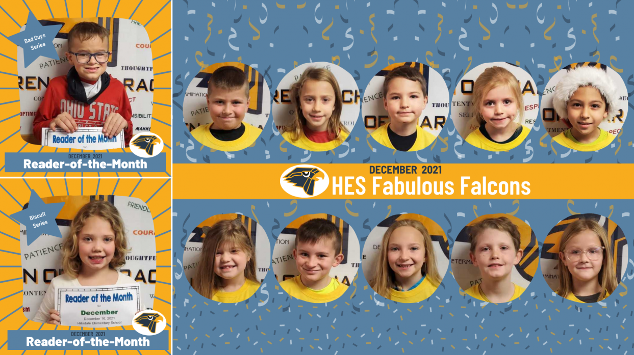 Ten students' headshots with text: "December 2021 HES Fabulous Falcons" and two additional students are noted as December's readers of the month.