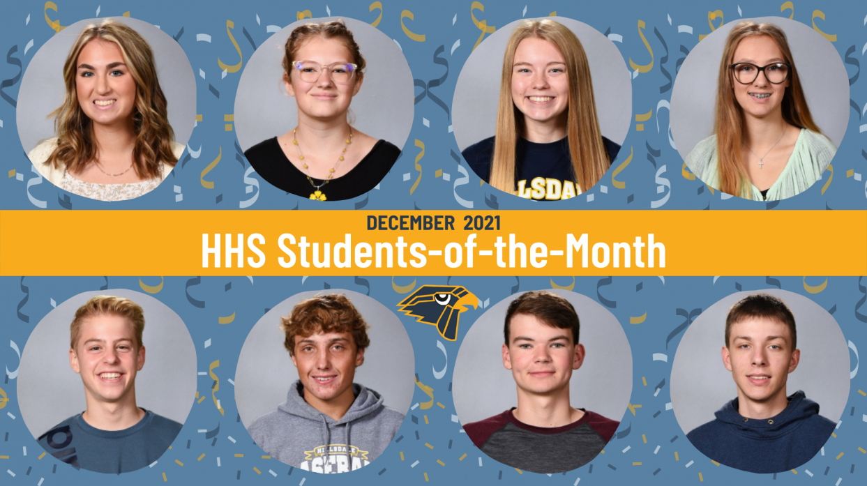 Eight student headshots with text: "December 2021 HHS Students-of-the-Month"