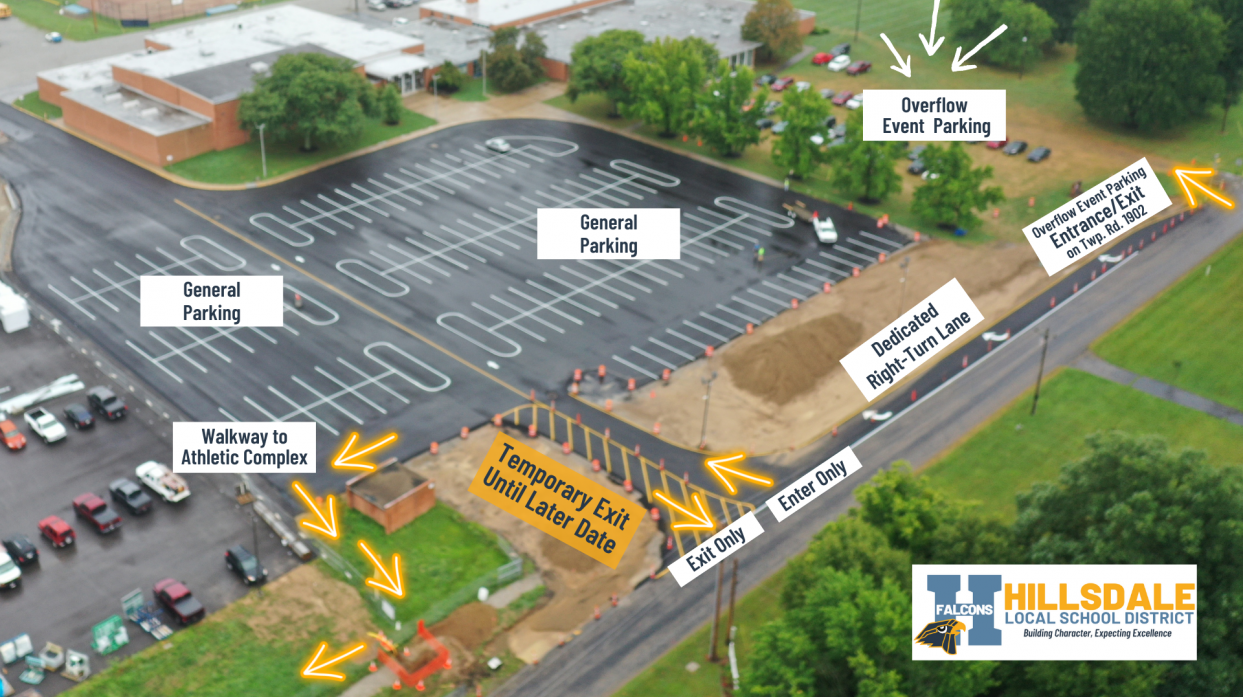 An image of the new parking lot in front of the current high school with access points marked.