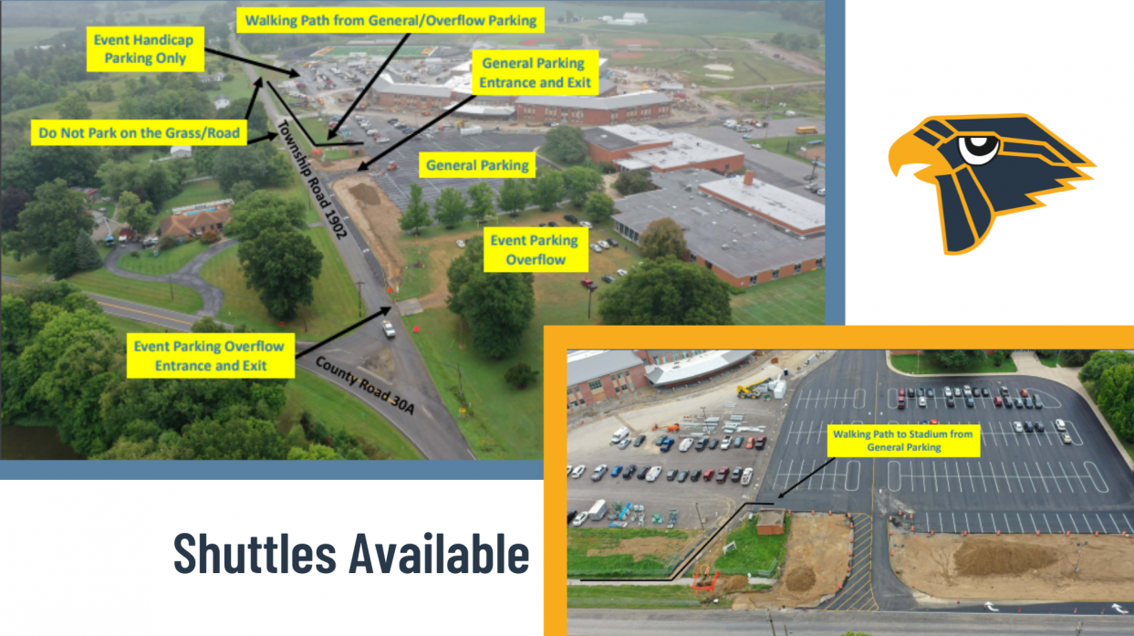 Map of property with labels for access to the new athletic complex. Shuttles available.