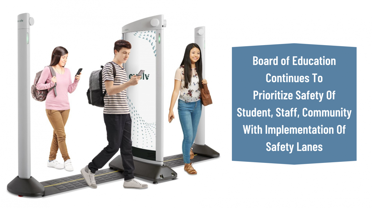 An image of students walking through a security detector.