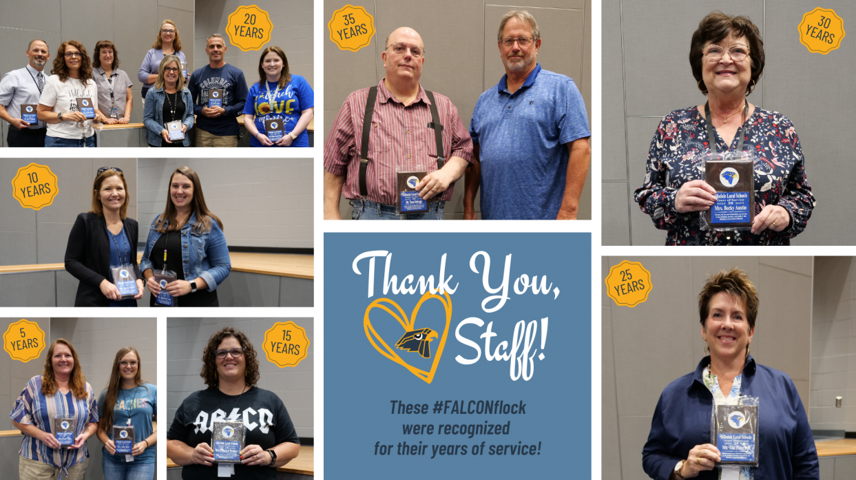 An image of Hillsdale staff members. Text: "Thank you, staff! These #FALCONflock were recognized for their years of service." Noted for each are the years they have been employed at Hillsdale Local Schools.