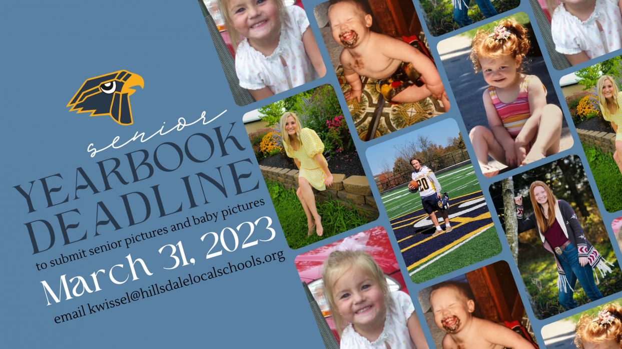 A collage image of senior portraits and baby pictures for the yearbook submission deadline of March 31, 2023.