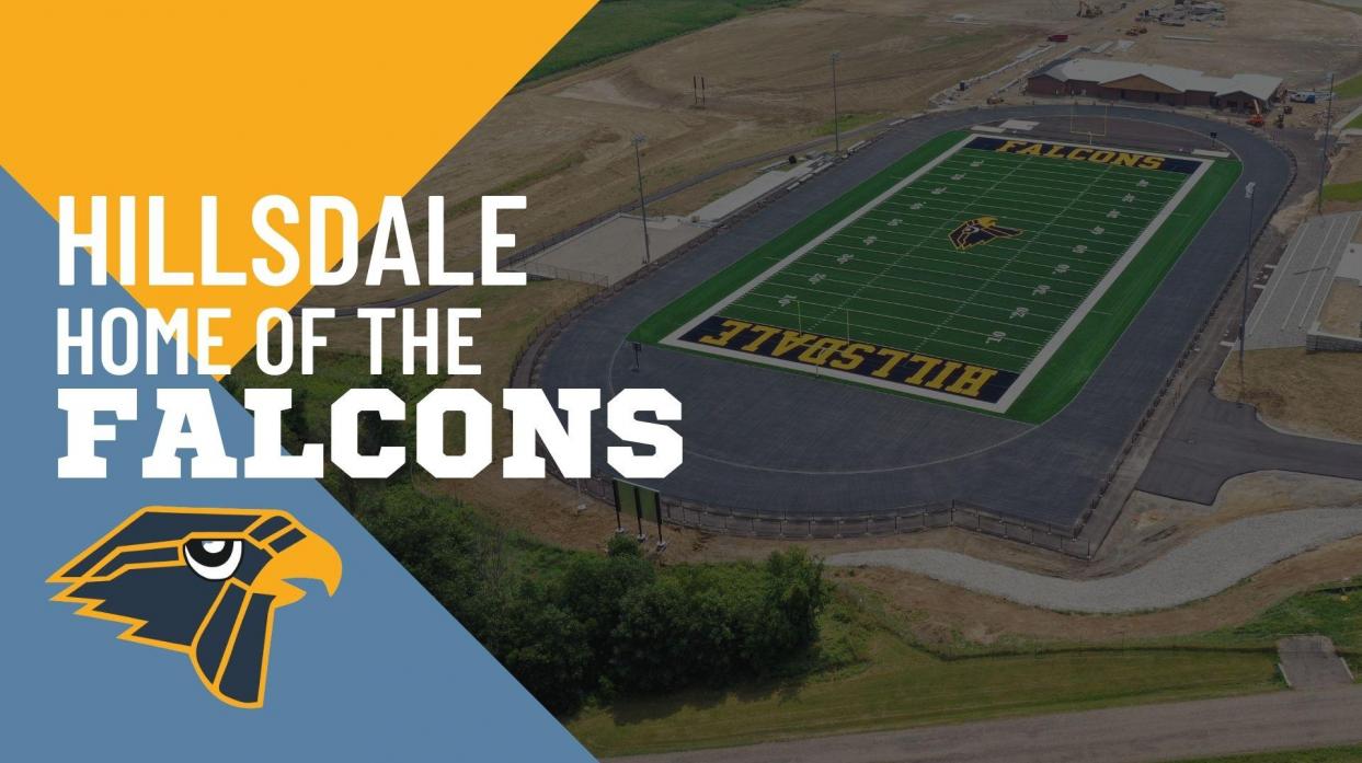 A graphic with the text: "Hillsdale Home of the Falcons" and the Falcon head logo superimposed over a semi-transparent photo of the newly constructed stadium