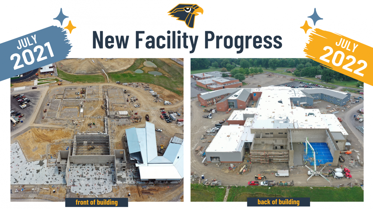New Facility Progress. July 2021 photo of construction. July 2022 photo of construction..