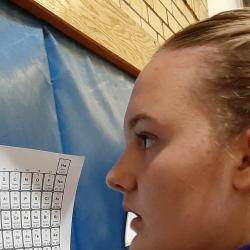A student looks at a copy of the Periodic Table.