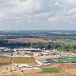 An aerial view of the district property where the current high school and new campus is under construction