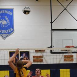 Student-athlete is poised to spike the ball during a volleyball game.