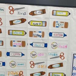 An image of a thank you poster on a wall with students' names handwritten on a paper with a supply pictured on it.