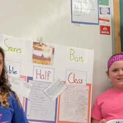 Students stand in front of their poster board and hold a sample of their recipe.